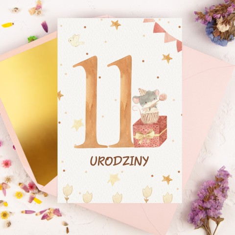 Personalizowana Kartka na jedenaste urodziny dziecka z cyfrą i małą myszką - Little Mouse